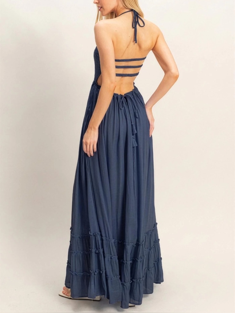 NWT Tiered Boho Smocked Halter Strappy Back Maxi Dress Navy Blue - Picture 7 of 8
